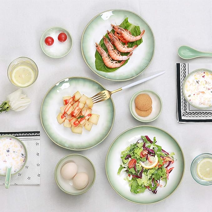 Ceramic Tableware Set, 46 Pieces Of 10-person Dinner Plates, Dishwasher And Microwave Safe, Family Gathering Tableware, Durable White Round Plates And Bowls (Green)