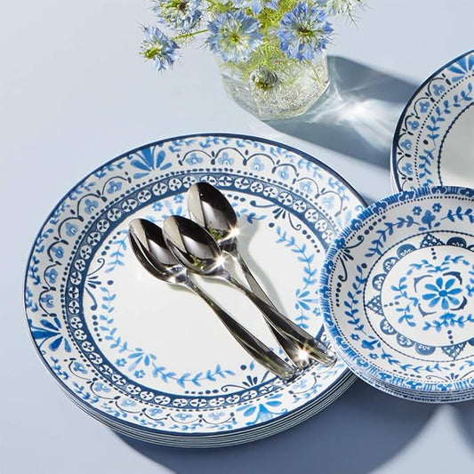Corelle Vitrelle 18-Piece Service for 6 Dinnerware Set, Triple Layer Glass and Chip Resistant, Lightweight Round Plates and Bowls Set, Portofino