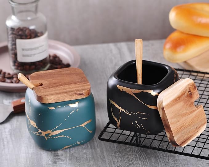 VanEnjoy Decorative Marble Inlay Glaze Ceramic Sugar Spice Containers Porcelain Jar with Bamboo Lid and Spoon Condiment Jar for Home