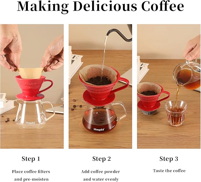 Mongdio Ceramic Pour Over Coffee Dripper, Reusable Porcelain Portable Pour Over Coffee Maker, Slow Brewing Accessories with 1 Holes for Home - Size 02 Red