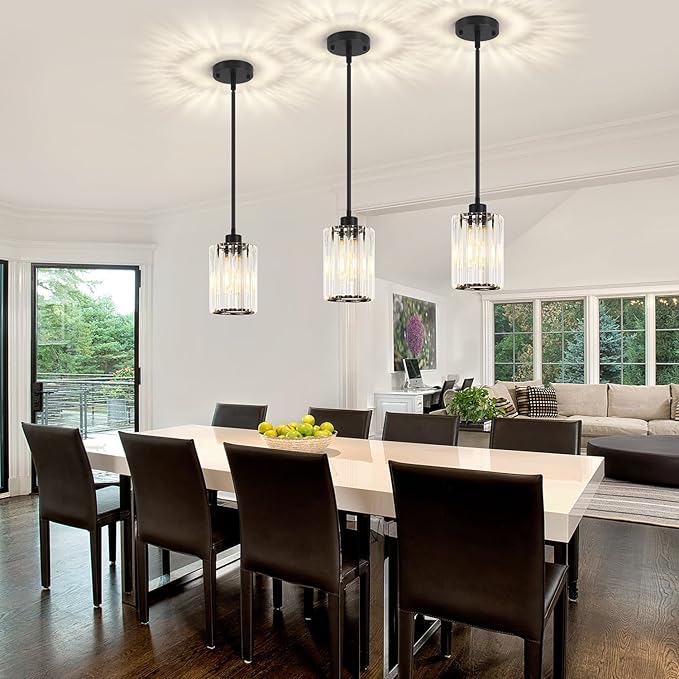 3 Pack Black Pendant Light, Modern Crystal Pendant Lights Kitchen Island Lighting, Hanging Light Fixtures Mini Chandelier Pendant Lights for Island Dining Room Hallway Bedroom