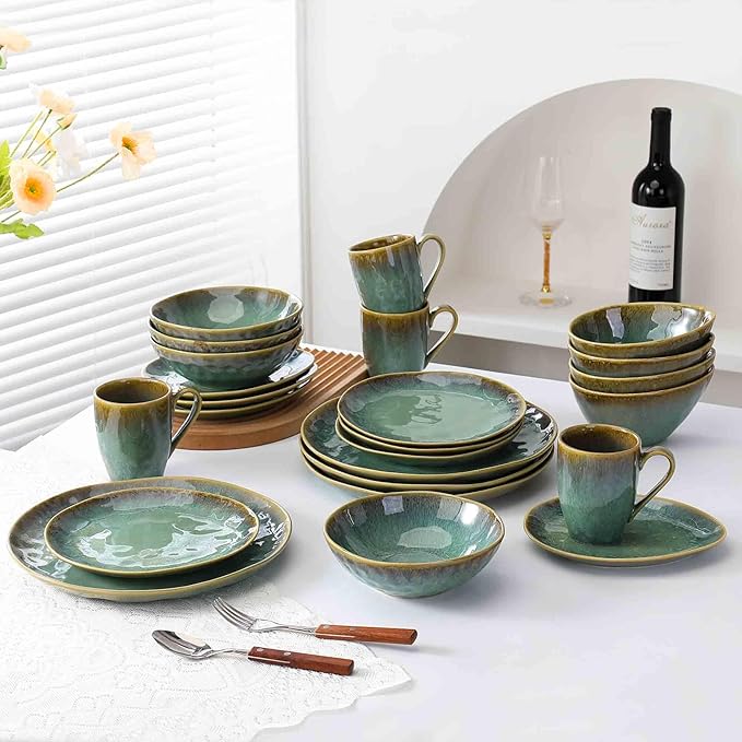 Henten Home Ceramic Soup Bowl Set, 25 oz Cereal Bowls Set of 4, Porcelain Salad Bowls Set, Stoneware Serving Bowls for Kitchen, Microwave& Dishwasher Safe, Reactive Glaze (Green)