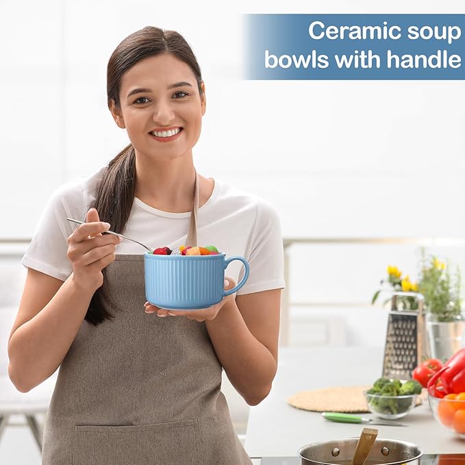 Nuenen 2 Pcs Soup Bowls with Lids and Handles 30 oz Microwave Safe Ceramic Soup Mug Microwavable Ramen Containers with Lids Large Colorful Cups for Noodle Cereal kitchen (Baby Blue)