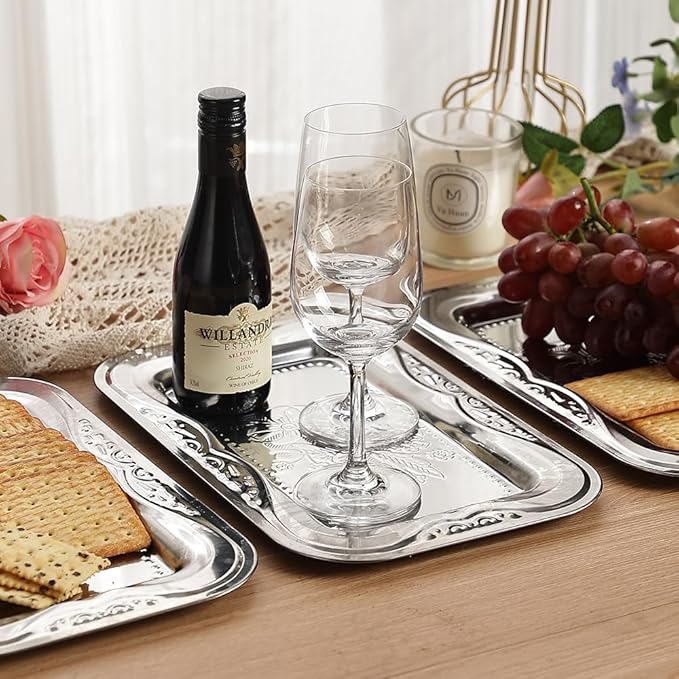 4-Pack Silver Serving Trays Set - ZENOVLUX Bow Floral Engraved Mirror Decorative Tray, 13.8" x 8.7" Party Platters for Christmas, Cookies, Charcuterie, Snacks, Desserts, Fruit, Party Food Display