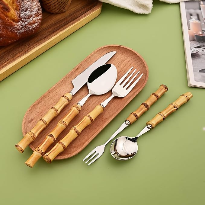 Mirror Polished Silverware Set for 4 - Bamboo Handle Cutlery Set - Stainless Steel Flatware Serving Set for Home Restaurant Wedding and Parties - 20 Pieces Eating Utensils