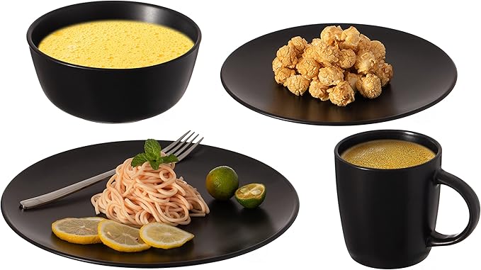 Rimmed Dinnerware Set | Mugs, Salad and Dinner Plates and Bowls Sets, Dishes with Highly Chip and Crack Resistant, Dishwasher and Microwave Safe (Black, Service For 8)