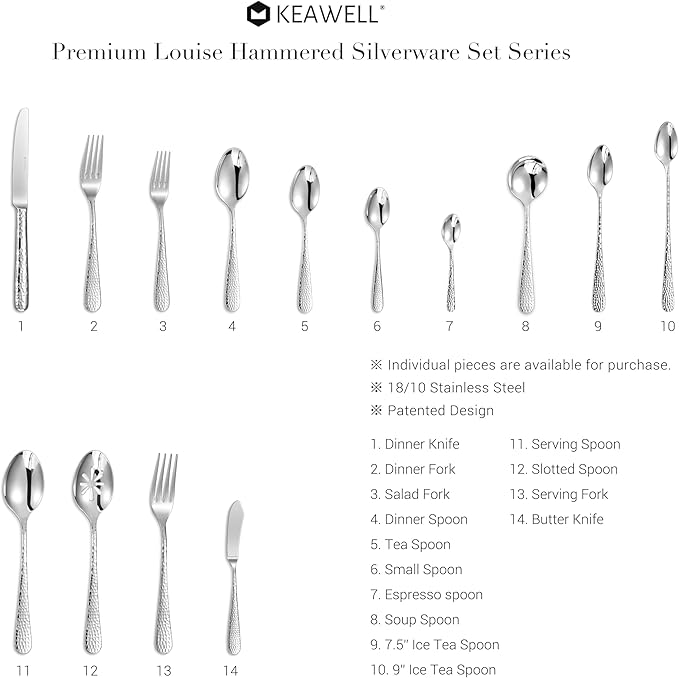 KEAWELL Premium 8-Piece Louise Hammered Fork Set, 18/10 Stainless Steel, Fine Fork Set with Round Edge, Brightly-Mirror polished, Dishwasher Safe. (8, 7.28" Salad Forks)