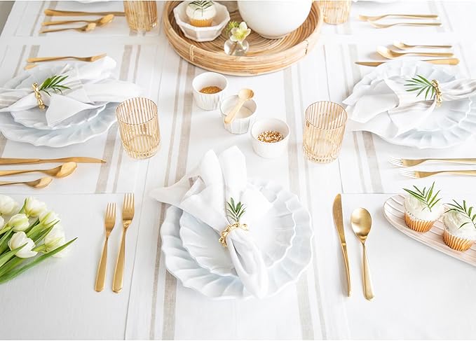 Solino Home Striped Linen Dinner Napkins Set of 4-100% Pure Linen Natural and White Cloth Napkins 20 x 20 Inch for Christmas, Winter, New Year - French Stripe, Handcrafted and Machine Washable