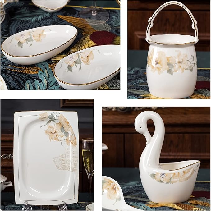 Gold Rim Ceramic Tableware Set Handmade Modern White China Ceramic Floral Tableware Set Suitable for Family Hotel Restaurant 62 Piece