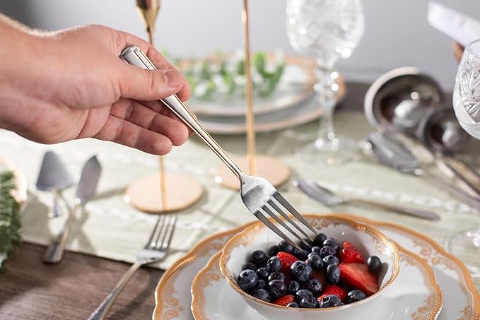 40 Piece Flatware with Hostess Set - Elegant 18/10 Stainless Steel Silverware Service for 8 - Luxurious Gold Trim Handles - Complete Cutlery and Serving Utensils - Dishwasher Safe (45 Piece, Verona)