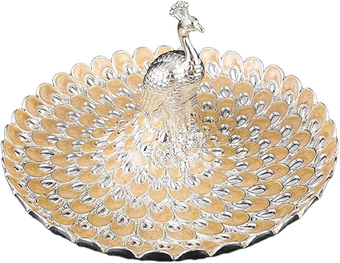 Fruit Dish Cosmetic Tray Peacock Sturdy Snack Storage Plate Vanity Storage Holder Serving Tray for Trinket Jewelry Wedding, Silver Orange Yellow