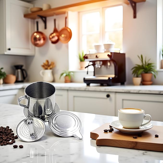 Silver Vietnamese Coffee Filter Stainless Steel Pot Drip Infuse Cup Brewing Teapot No Need Paper Drip Coffee Pot Machine Filter for Home Kitchen Office Outdoor 