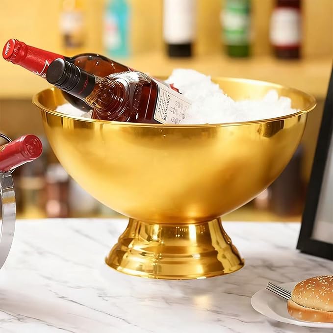 Large Ice Bucket 13L Stainless Steel Champagne Bowl Ice Bucket with Ice Scoop Semicircle Drink Tub with Integrated Base Silver Beverage Tub for Parties, Cocktail Bar, Chilling Wine (1 Pack-Gold)
