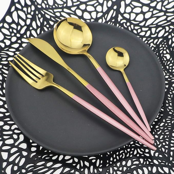Shiny Silverware Sets, 24-Piece Elegant Cute Pink Handle Gold Cutlery set,304 Stainless Steel Silverware Set for Eating Home Kitchen Hotel Restaurant, Sets for 6 People, Dishwasher Safe