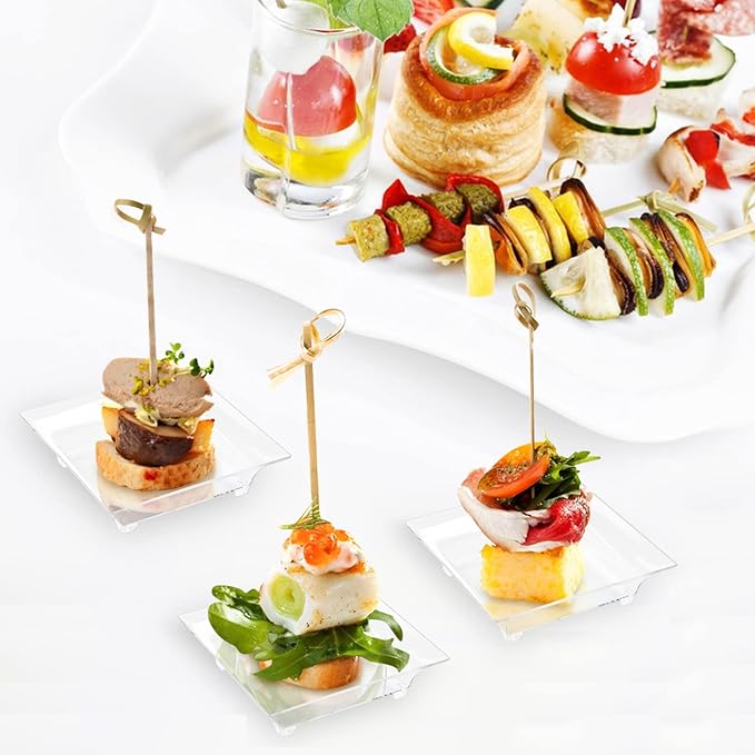 Qeirudu 100 Pack 1 oz Small Dessert Plates for Appetizers - Mini Plastic Plates with Spoons Reusable Square Appetizer Bowls Tiny Individual Serving Trays