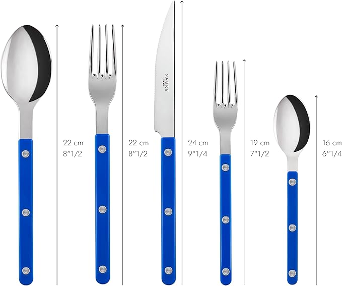 SABRE PARIS - 5-Piece Flatware Set - Bistrot Collection - Knife, Fork, Soup Spoon, Teaspoon & Dessert Fork - Stainless Steel & Nylon - Dishwasher Safe - Lapis Blue - Brilliant Finish