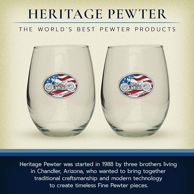 Heritage Pewter Motorcycle Stemless Glass Goblets β Set of 2 | 15 OZ Goblet Wine Glasses | Expertly Crafted Pewter Glass