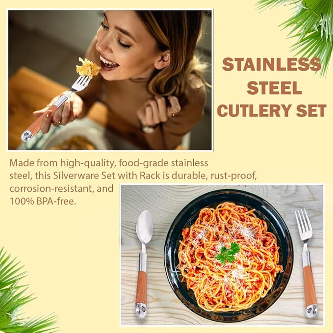 24 Pcs Stainless Steel Cutlery Set with Cutlery Rack, Eating Tableware Set Service for 6, Durable Flatware Set for 6 Includes Knifes, Forks & Spoons for Kitchen and Home