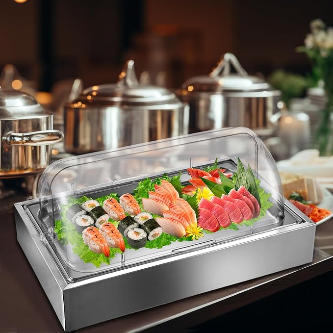 Ice Food Serving Display Tray, Cold Serving Plate with Clear Roll Top, 5QT Stainless Steel Food Serving Tray, Cooling Food Dishes Display Plate for Home, Buffet, Restaurant, Party