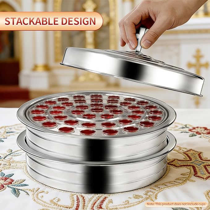 Stainless Steel Communion Tray with Lid - 40 Holes Church Communion Supplies Set, Stackable Worship Tray for Church Services, Weddings & Gatherings (Silver, Cups Not Included)
