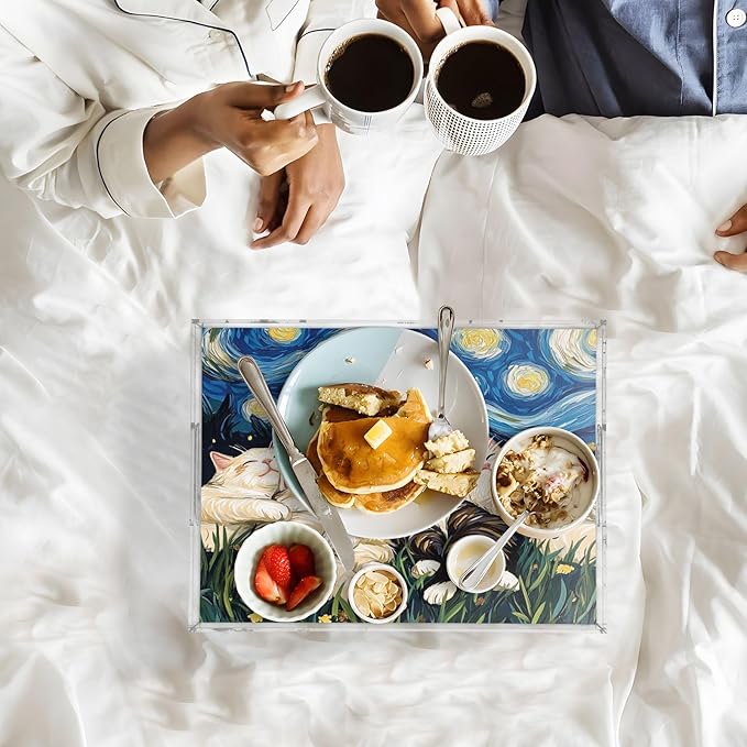 Serving Tray with Handles Clear Acrylic Tray 12x16 Inch Decorative Rectangular Tray Organizer for Ottoman Coffee Table Bathroom Starry Night Floral Ragdoll Cats Cartoon