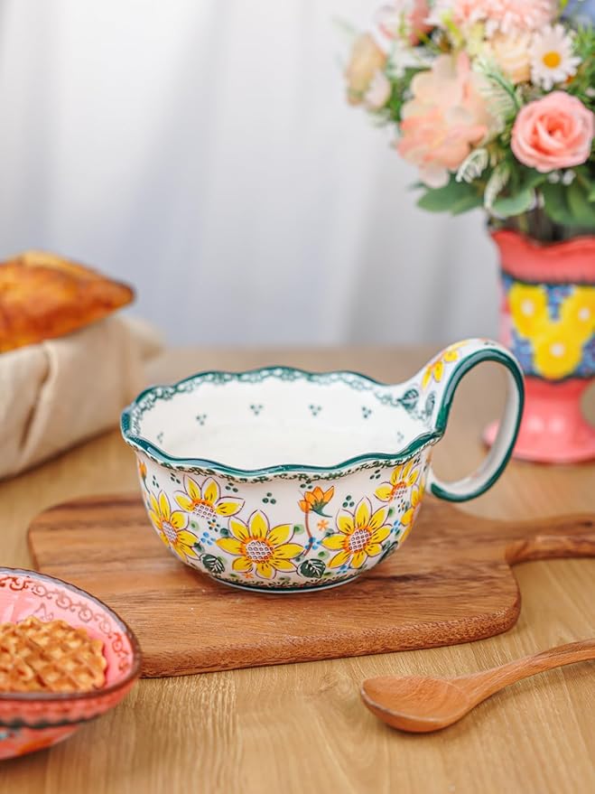 silesia Handmade Ceramic Soup Bowl, 30 oz Hand Painted Bowl with Loop Handle, Floral Design Cereal Bowl for Soup, Ice cream, Snack, Microwave & Dishwasher Safe (Sunflower)
