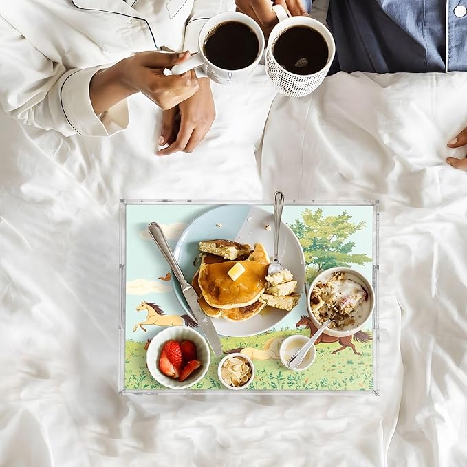 Serving Tray with Handles Clear Acrylic Tray 12x16 Inch Decorative Rectangular Tray Organizer for Ottoman Coffee Table Bathroom Horses Bird and Grassland Tree
