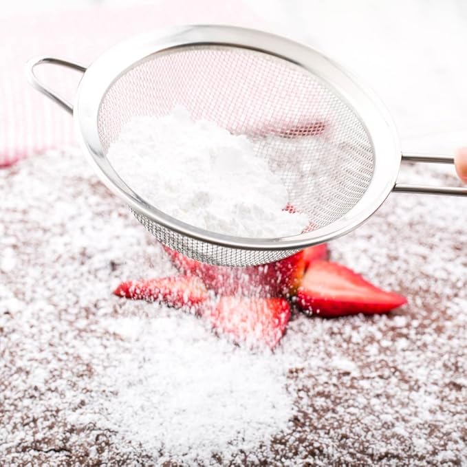 Restaurantware Met Lux 9.7 Inch Mesh Strainer 1 Corrosion-Resistant Mesh Sieve - Ergonomic Handle Built-In Hook Stainless Steel Quinoa Strainer For Separating Seeds And Dusting Powdered Sugar