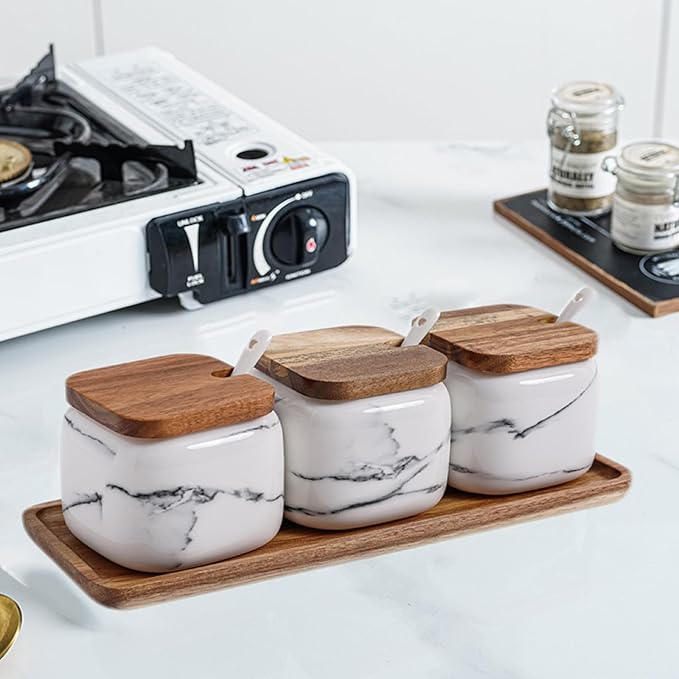 Ceramic Salt and Sugar Container Set with Wooden Tray, 3pcs Porcelain Seasoning Jars with Lids and Spoons, Condiment Pot Pepper Spice Storage Canister for Home Kitchen Counter