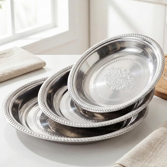 3 Pack Stainless Steel Large Silver Serving Trays Round Serving Platters 15.75" 13.78" 11.8" Metal Tray Set Mirror Tray for Party Kitchen Charcuterie(Floral Engraved)