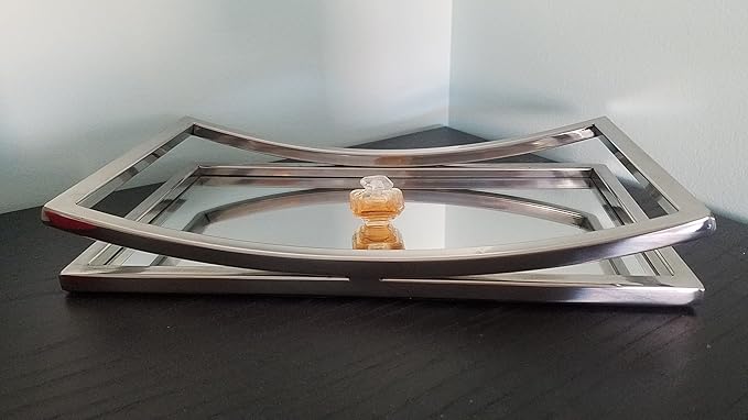 Elegance Beam Vanity Mirror Tray for Makeup, Cosmetics, Perfume, Candles, or Home Decor, Decorative Mirrored Base with Silver Rectangular Frame for Bathroom, Living Room, or Bedroom
