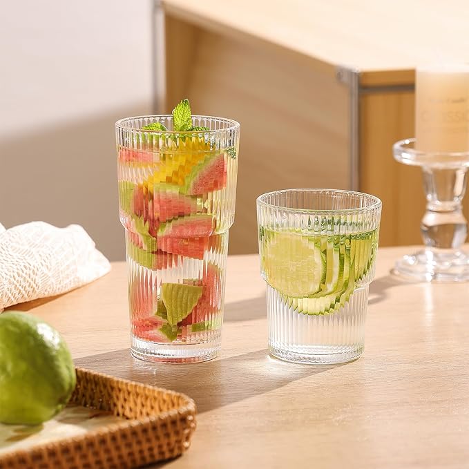 JUNDRUM Ribbed Drinking Glasses with Lids & Straws, Leak-Proof 20oz and 15oz Glass Cups, 8PCS Glass Tumblers, Ideal for Home, Office, Outdoor Use