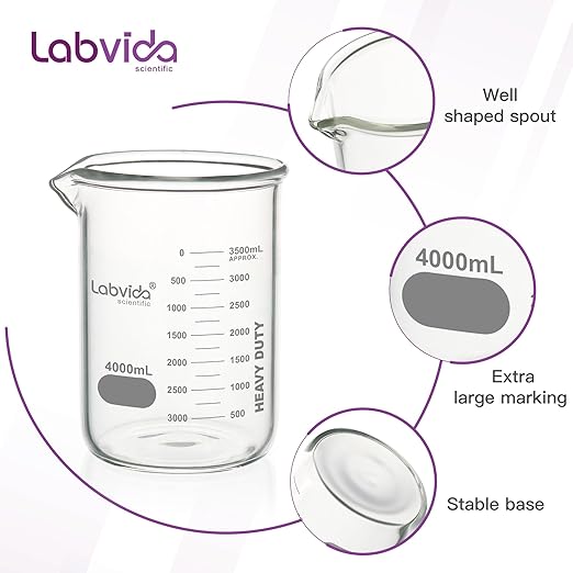 Heavy Duty Glass Beakers Vol.4000ml (135.3oz) thick-walled, 3.3 Boro Griffin Low Form with Double Scale Printed Graduation for Laboratories, Industries, Schools and Home use, LVAC016