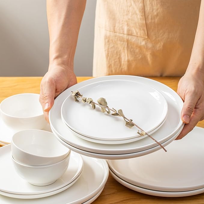 AntoKueh White Ceramic Plates Set of 6, 8.2 Inch Round Porcelain Salad Plate, 6-piece dishes with shallow Edge for Appetizer, Steak, Dishwasher/Microwave safe