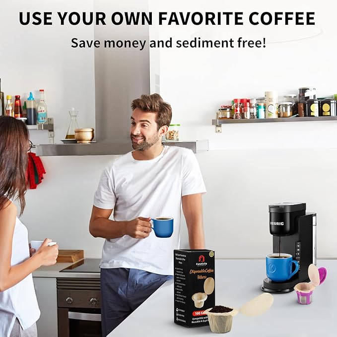 300 Count Fanativita Paper Coffee Filters Disposable with Genius Lid Design, Fit All Reusable K Cups for Keurig (Unbleached)