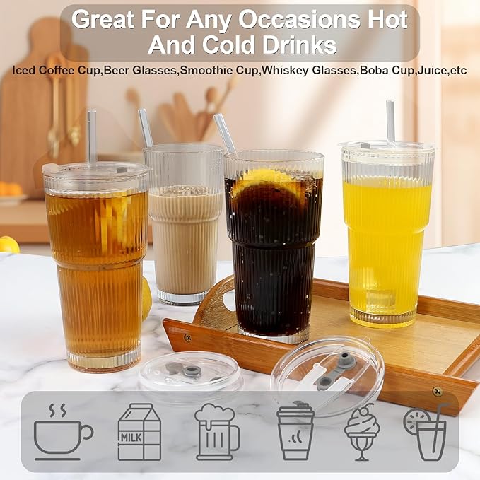 CHPINDAM Ribbed Drinking Glasses,with Lids and Straws Glass Cup,19oz Glass cup,4 Pack Old Fashioned Glasses,Thickened for iced coffees,cocktails and juices, perfect for families and parties (4)
