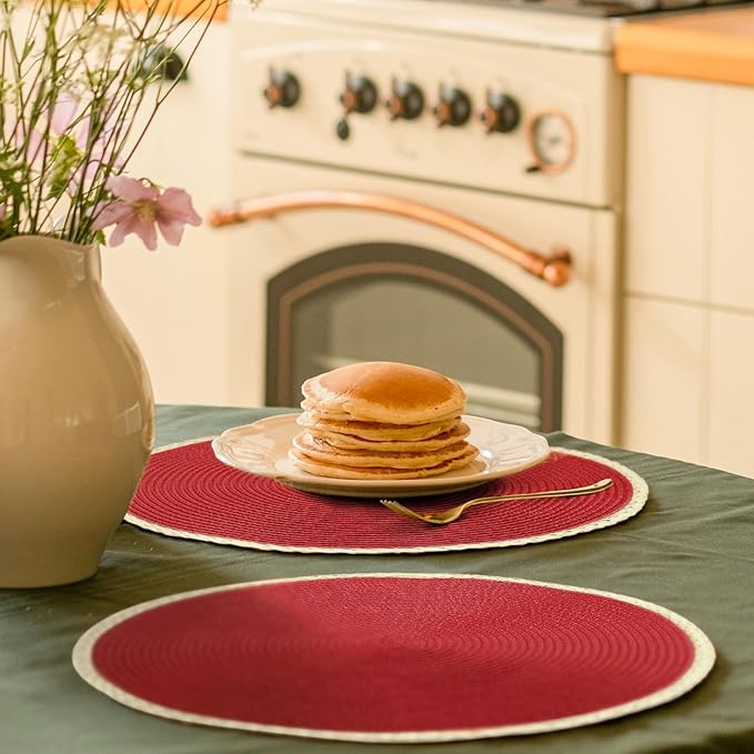 Noctiflorous Round Placemats Set of 8, 15 Inch Braided Hand Woven Table Mats, Heat Resistant Non-Slip Wipeable Thin Edge Place Mats for Kitchen Dining Indoor Outdoor Use(Red, 8)