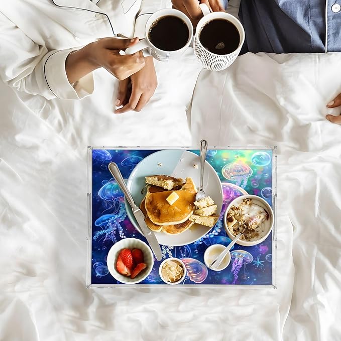 Serving Tray with Handles Clear Acrylic Tray 12x16 Inch Decorative Rectangular Tray Organizer for Ottoman Coffee Table Bathroom Vivid Jellyfishes Bubbles and Starfishes