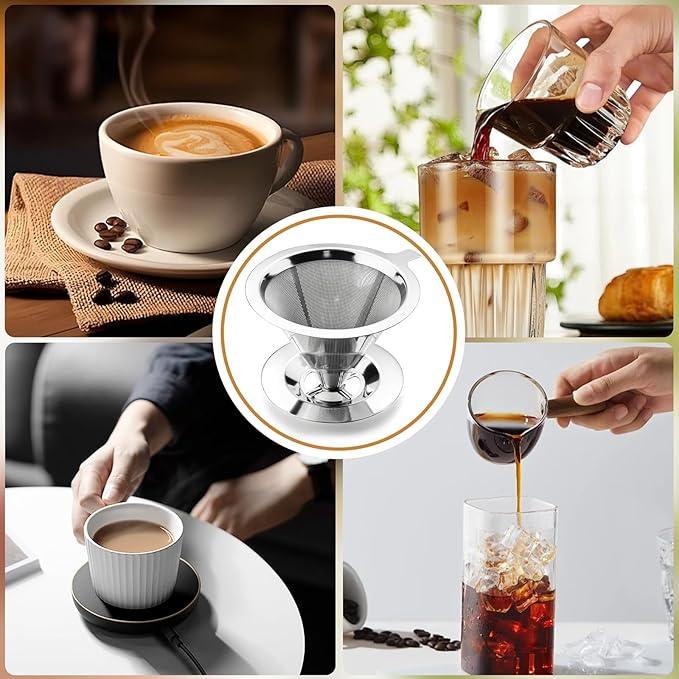 Pour Over Coffee Dripper Stainless Steel Coffee Filter Cone Coffee Filters Double Mesh Design Reusable