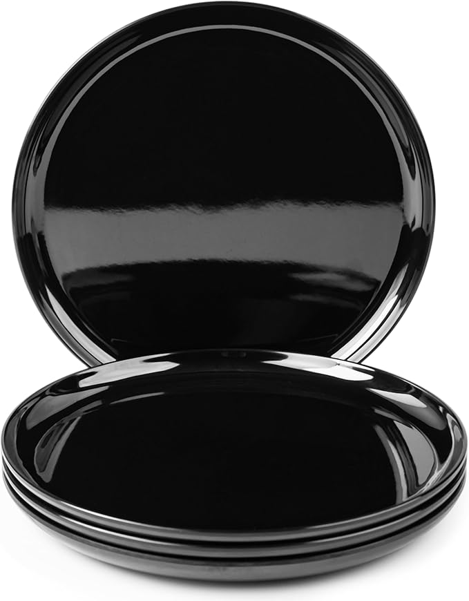 ONEderful 9 Inch Melamine Dinner Plates Set of 4 - Black Modern Flat Plates, Durable & Lightweight Catering Dishes for Parties, Picnics, Holidays, Dishwasher Safe