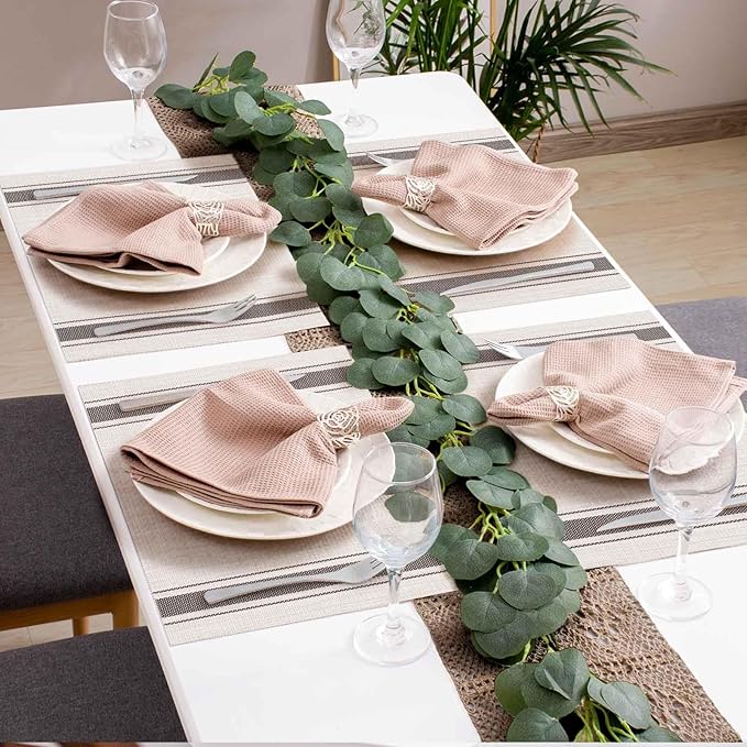 AHHFSMEI Placemats for Dining Table Set of 4 Woven Vinyl Plastic Place Mats Non-Slip Heat Insulation Stain Resistant Table Mats Washable Easy Clean Placemats (Beige Brown Stripe 4)