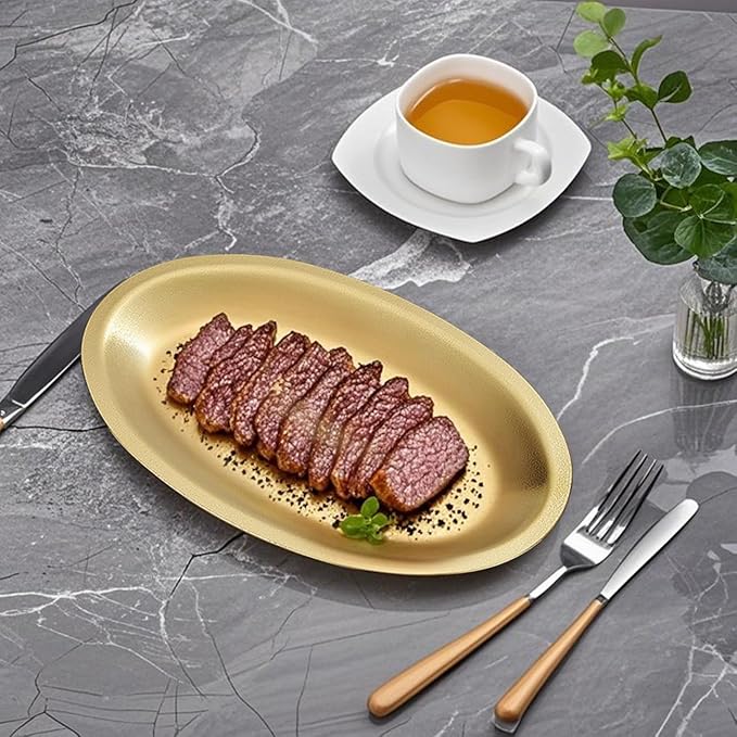 SANQIAHOME 10.9x6.7 Inch Thick Stainless Steel Dinner Plate 2-Piece Set, Egg-Shaped Appetizer Plate,Gold