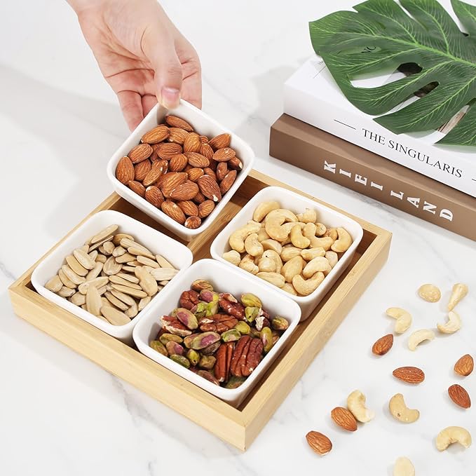Ceramic Snack Bowls with Bamboo Tray Set,Divided Serving Bowls and Platters for Hosting & Party,Removable Serving Dishes for Chips and Dip,Fruit,Veggies,Candy and Snacks Kitchen Decor (4)