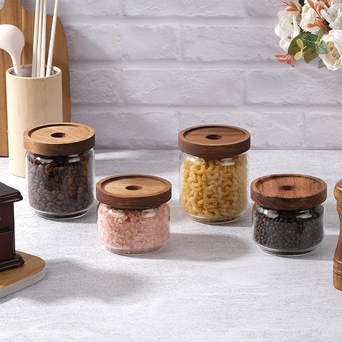 WHJY 10oz Glass Storage Containers with Wooden Lids Airtight Food Canister for Tea Sugar Dry Goods Clear Coffee Jars for Kitchen Pantry