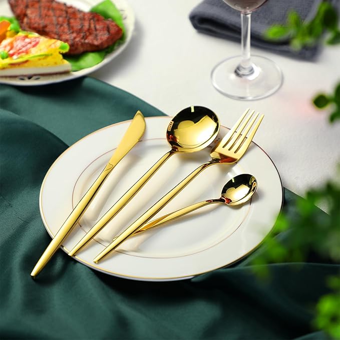 Yaomiao 400 Pcs Gold Silverware Set with Knives Spoons and Forks Portable Stainless Steel Flatware Reusable Utensils Dishwasher Safe Cutlery for Kitchen Restaurant Service