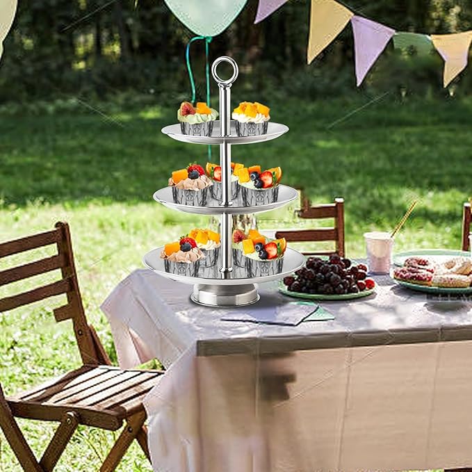 3 Tier Silver Metal Cupcake Stand Holder,Stainless Steel Cup Cake Stand Tower with Tiered Serving Tray and Base for Parties,Weddings,Birthdays and Any Festivals and Celebrations(2 Pack)