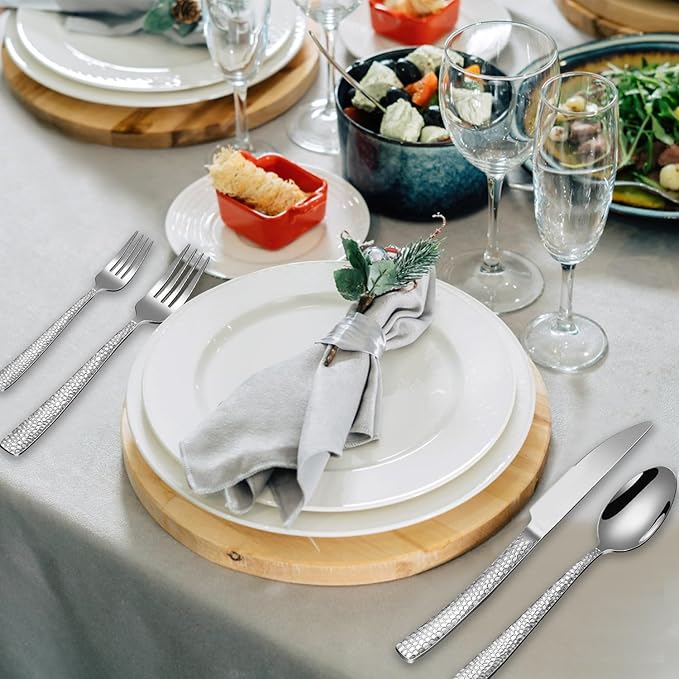 Hammered Silverware Set for 2, MIKIWAY 10 Pieces Stainless Steel Luxury Flatware Set, Cutlery Tableware Set, Kitchen Utensils Set Include Spoons And Forks Set, Mirror Polished, Dishwasher Safe
