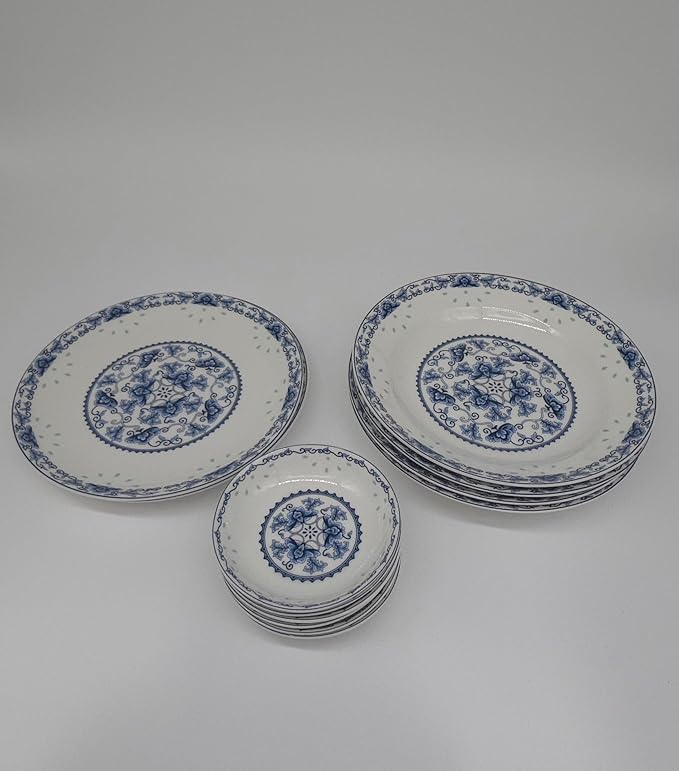 28-piece Bone China Blue and White Dinnerware Set Service for 6 Rice Bowl Set Jingdezhen, (blue lotus)