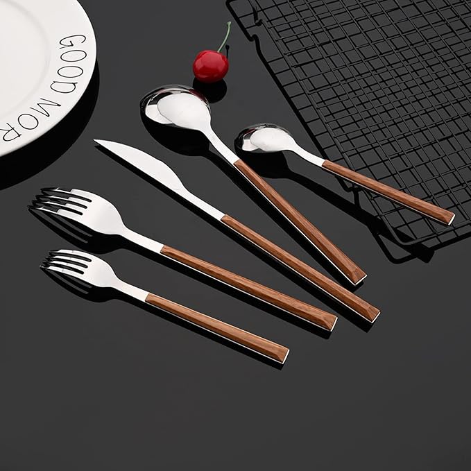 JASHII Silver Stainless Steel Cutlery Sets of 4, with Wooden Wide Square Handles, Dinner Spoons, Knife and Fork Set, Flatware Set Tableware Dinnerware, 20 pieces
