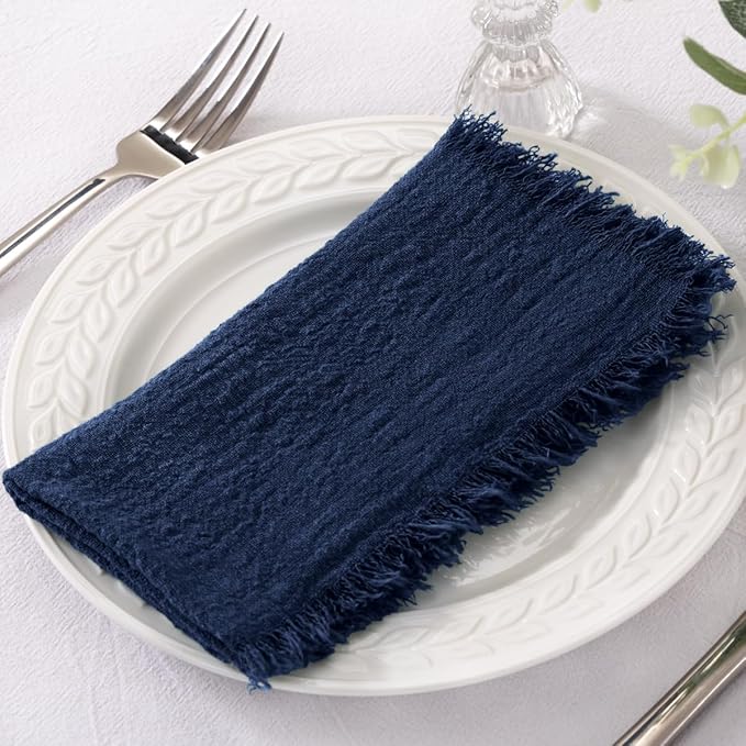 Socomi Set of 12 Linen Napkins Navy Blue Easter Spring Cloth Napkins Washable Cotton Dinner Napkins Fringe 17"x17" for Wedding Party Bridal Baby Shower Birthday Table Decorations